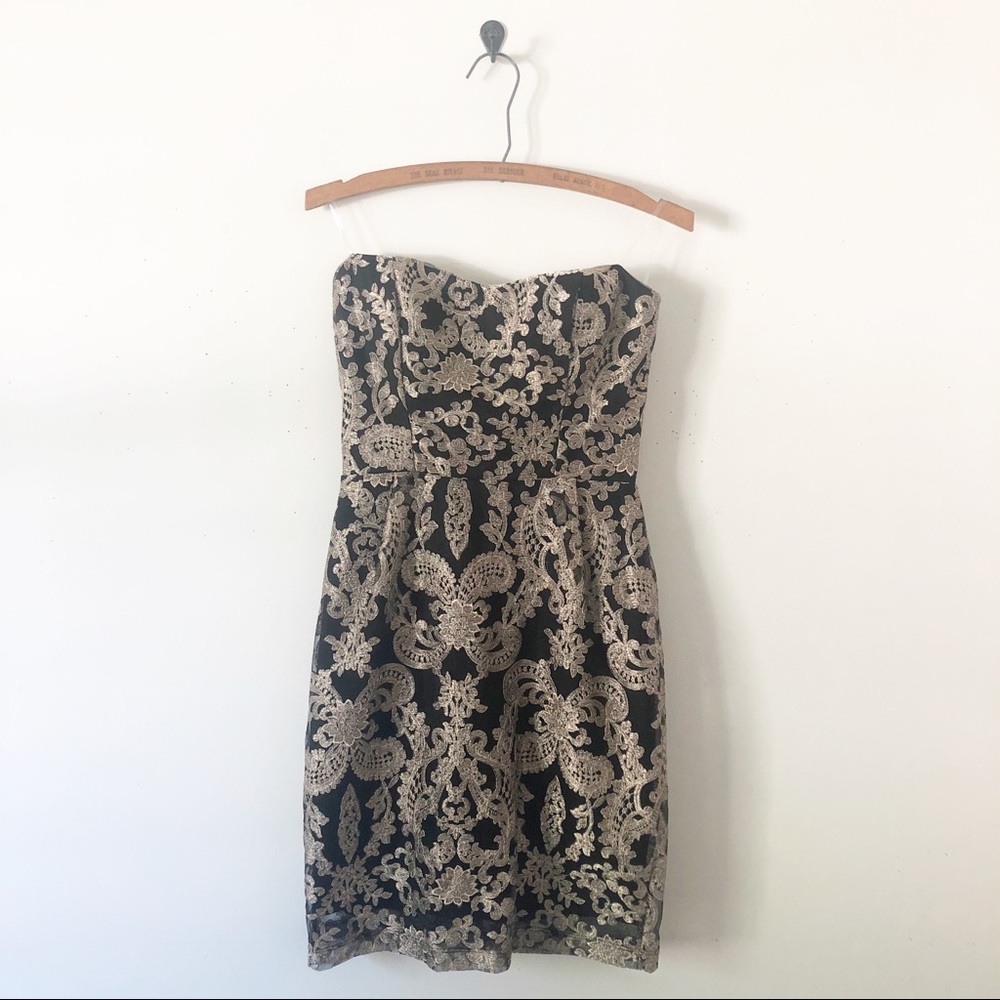 Lulu’s Black and Gold Strapless Cocktail Dress